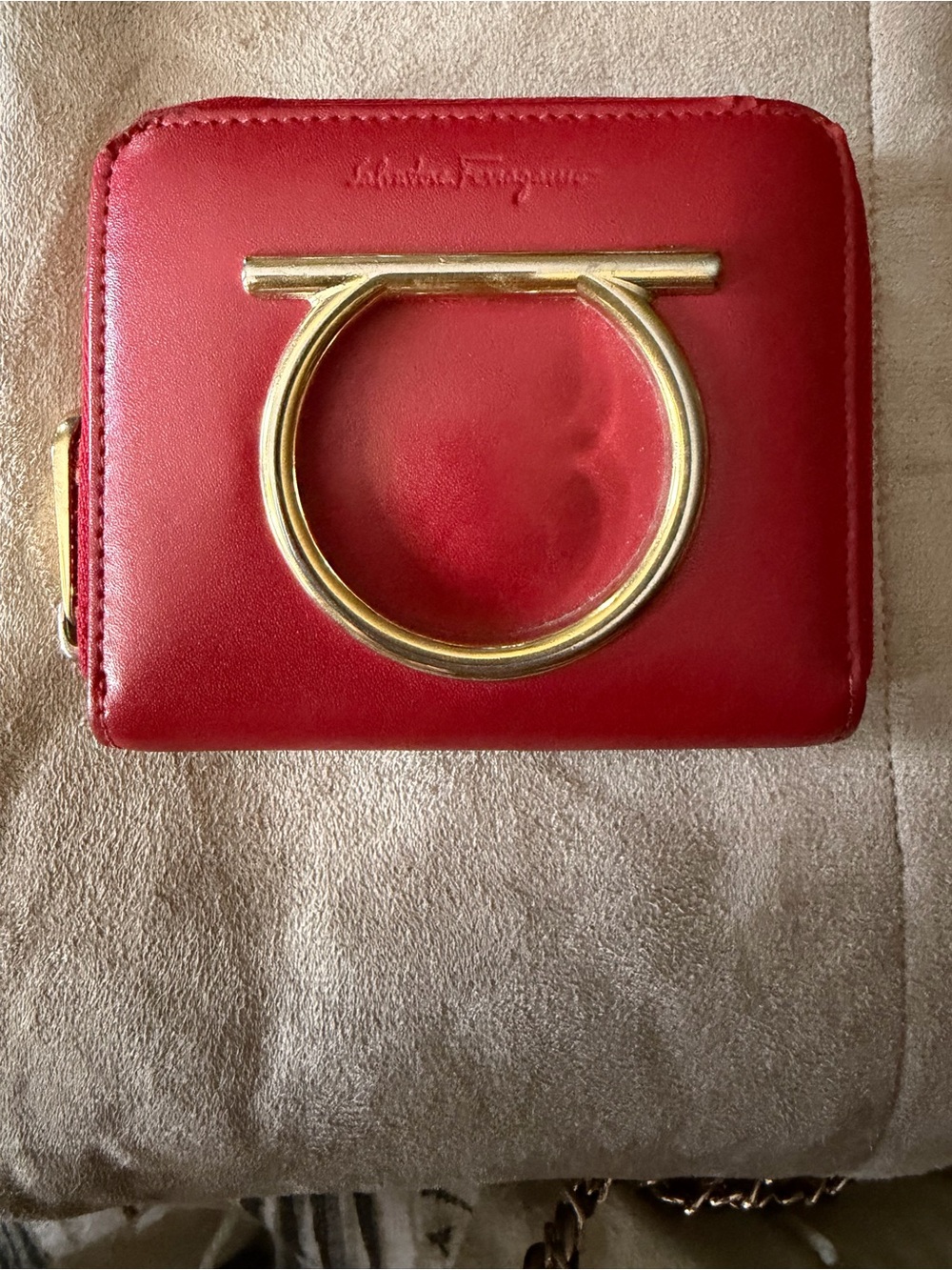 Salvatore Ferragamo Red Leather Zip Around Wallet with Gold Gancini & Zipper